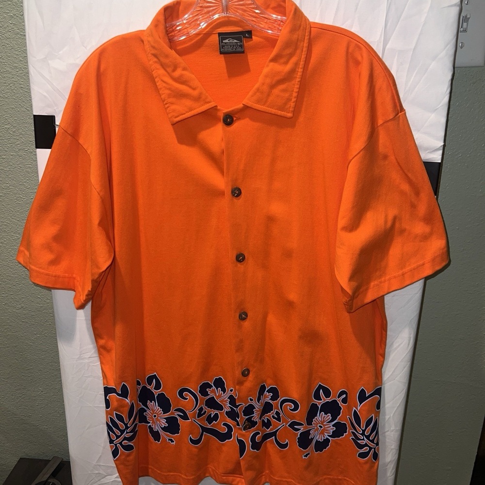 Vintage 90s Quiksilver Internationale Hawaiian Shirt Mens L Orange Floral USA